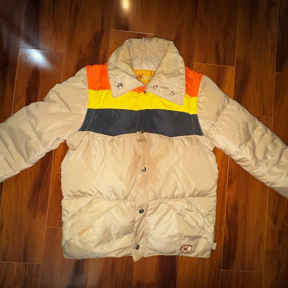 Vintage Camel Goose Down Puffer Jacket XS Tan Rainbow Stripe 80s Made in Korea